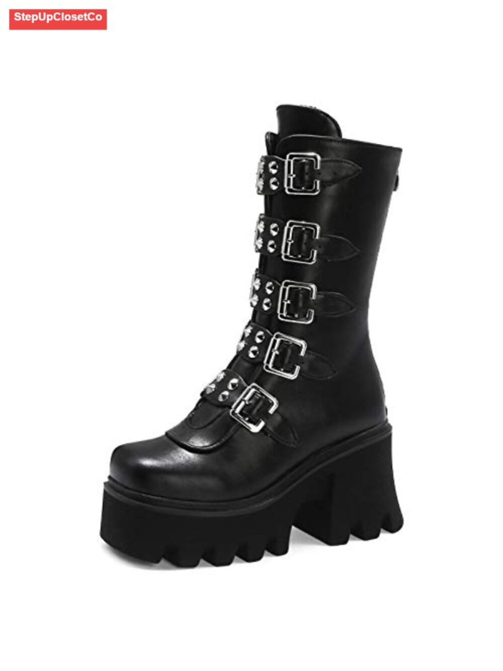 Studded Platform Goth Combat Mid-Calf Boots Wide Calf Chunky Heel